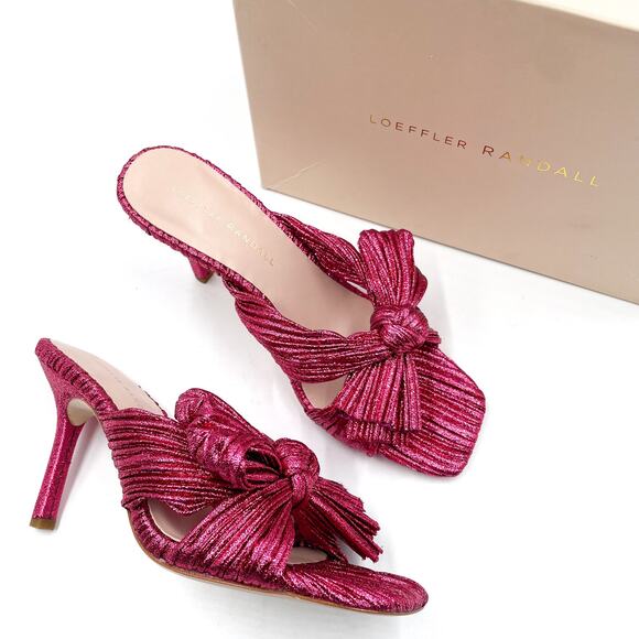 Loeffler Randall Claudia Mules Pleated Fuchsia Metallic Heels Bow Sandals Sz 7.5 - Picture 1 of 13